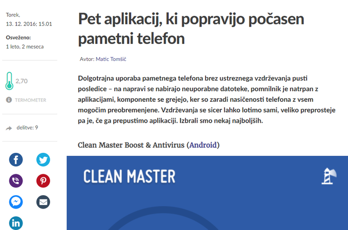 Clean Master se je redno znašel na seznamih najuporabnejših aplikacij in orodij za pametne telefone, tudi na našem.  | Foto: Matic Tomšič / Posnetek zaslona