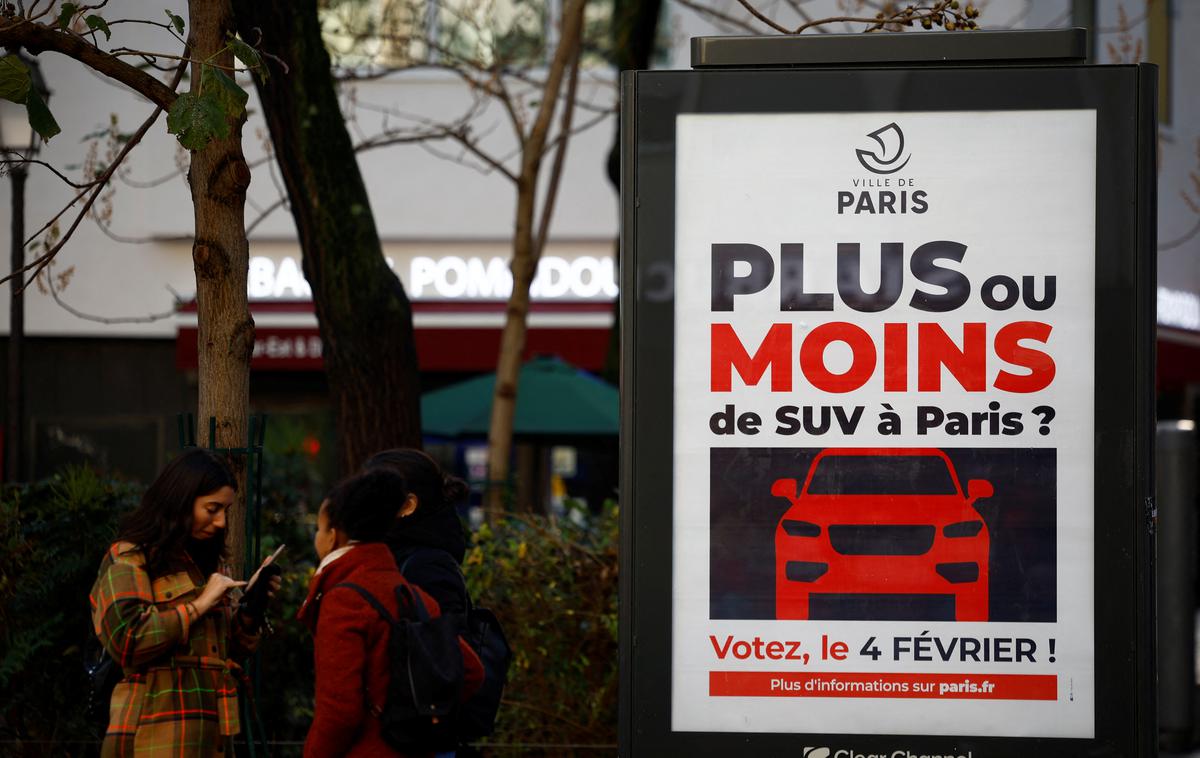 parkiranje Pariz SUV | Plakat, ki je februarja pozival na referendum. Z oktobrom so takrat izglasovane višje parkirne začele veljati. | Foto Reuters