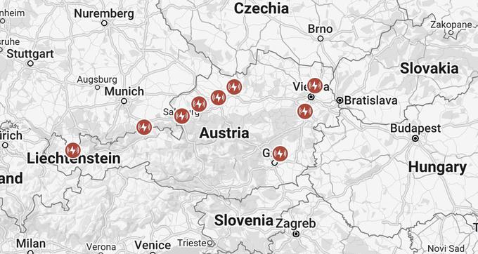 Lokacije "odprtih" Teslinih polnilnic v Avstriji, kjer lahko drugi domači uporabniki polnijo prek Tesline aplikacije. | Foto: zajem zaslona/Diamond villas resort