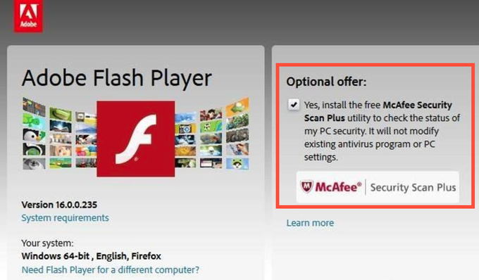 Adobe Flash je bil znan po tem, da je uporabnika v namestitev protivirusnega orodja poskusil pretentati še pred prenosom namestitvene datoteke za Flash.  | Foto: Matic Tomšič / Posnetek zaslona