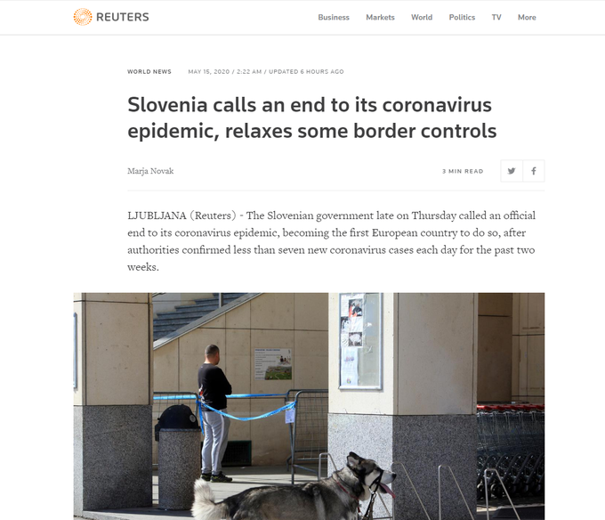 Na Reutersu so objavili članek z naslovom Slovenija preklicala epidemijo koronavirusa, sprošča tudi mejni nadzor. | Foto: posnetek zaslona/Revija Lady