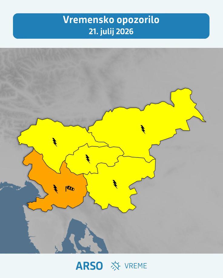 Za jugozahod Slovenije so na Arsu izdali vremensko opozorilo oranžne stopnje, ki se glasi: Danes popoldne bodo na Primorskem mogoče močnejše nevihte z močnimi sunki vetra, nalivi in točo. Ob obali lahko prehodno zapiha močan veter zahodnih smeri. | Foto: ARSO Meteo