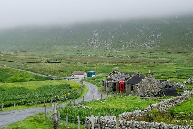 Značilen prizor s Shetlandskih otokov: zelenje, ograja za drobnico in megla | Foto: shetland.org