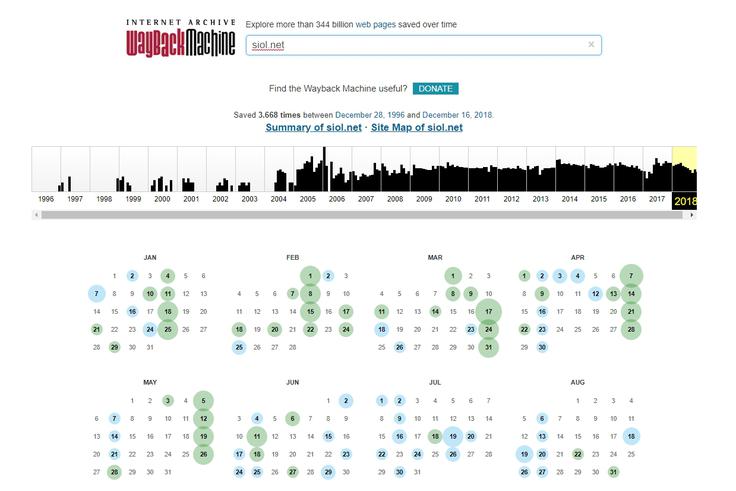 Wayback Machine za spletne strani, ki delujejo že dlje (primer: siol.net) pokaže takšne rezultate. Klik na katerega od obkroženih datumov odpre različico spletne strani na tisti dan. S klikom na katero od letnic zgoraj lahko medtem dostopamo do različic spletne strani v preteklih letih. | Foto: Matic Tomšič
