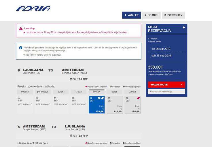 Adria rezervacija leta Primer rezervacije leta za Amsterdam. | Foto: Printscreen Zimbio