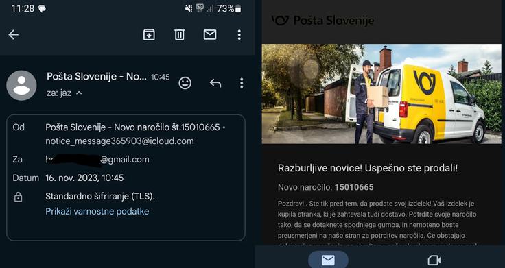 Pošta Slovenije na uradni spletni strani opozarja, da je vsa uradna komunikacija Pošte Slovenije vselej poslana z domene @posta.si in nikoli z domen, kot so @gmail.com, @yahoo.com ali druge, v vseh sporočilih pa uporabljajo izključno slovenski jezik in ne polomljene slovenščine oziroma slovenskega jezika, ki je preveden z Googlovim prevajalnikom, na primer. Pri Pošti Slovenije tudi opozarjajo, da vse povezave, ki jih priložijo v sporočilih komitentom oziroma uporabnikom storitev dostave pošiljk, končajo na spletnih straneh Pošte Slovenije (torej na naslovih na domeni posta.si). Kadar prejmemo sporočilo s povezavo in sumimo, da bi lahko šlo za prevaro, v primeru klika na povezavo v naslovni vrstici brskalnika zato vselej preverimo, na kateri spletni strani smo pristali.  | Foto: Matic Tomšič / Posnetek zaslona