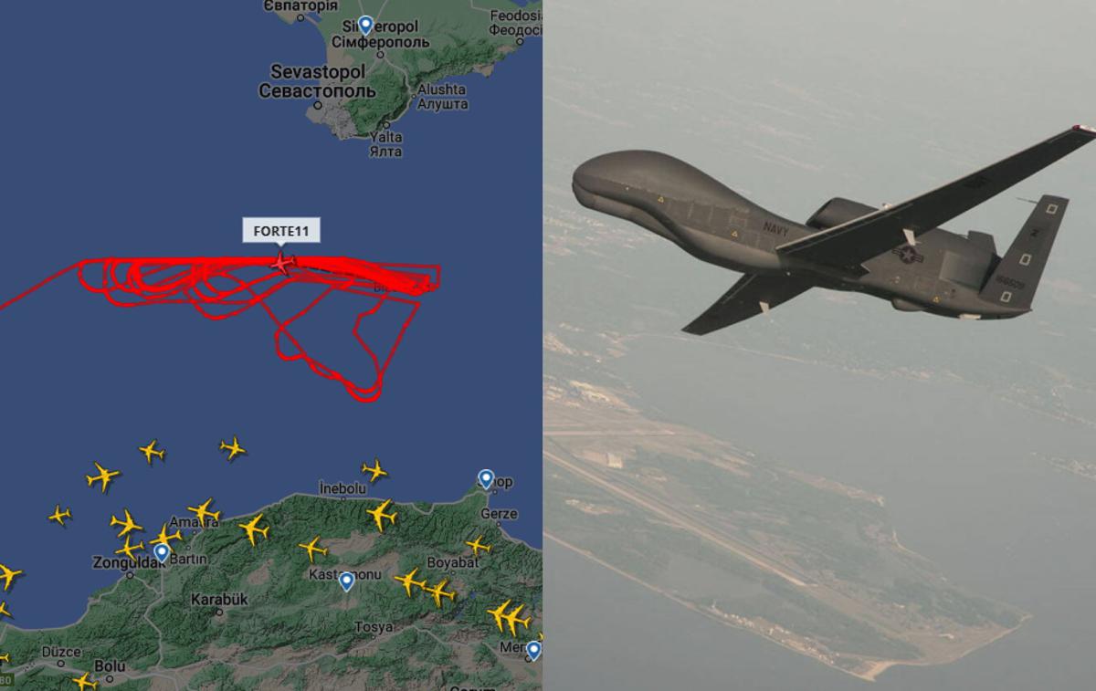 Forte 11 | Rdečo krivuljo nad Črnim morjem riše ameriški izvidniški dron Northrop Grumman RQ-4 Global Hawk. | Foto Flightradar, Guliver Image