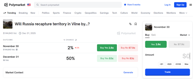 Ena od stav na platformi Polymarket: "Do katerega datuma bo Rusija ponovno zavzela ozemlje v mestu Vilne?". | Foto: Posnetek  zaslona