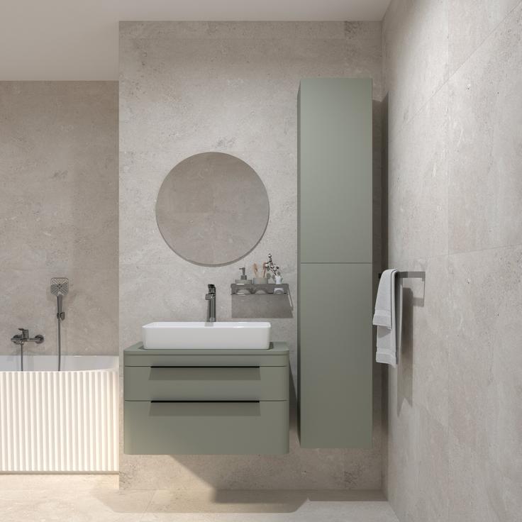 Fero-Term: Concepto+ ogledalo Ezra, May Ceramics ploščica Portlandstone Blanco, Voxort kad Linea Eris Stripe, Concepto+ kopalniška baza Vanja Green, Concepto+ kopalniška omarica Vanja Green, Concepto umivalnik Bell Neve, Voxort mešalnik za umivalnik Dahlia Cool Start, Concepto+ plošča za nadgradni umivalnik Green 79, Voxort mešalnik za kad Dahlia, Voxort nosilec za ročno prho, Voxort ročna prha Dahlia, Voxort polica 760, Voxort dozirnik za milo Sabbia, Voxort kozarec Sabbia, Voxort držalo za brisače Lora, Concepto+ ročaj Ina. | Foto: Fero-Term