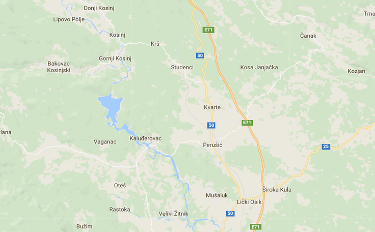 Zemljevid Like z vasmi, ki so jih v celoti ali delno poselili Kranjci: Donji in Gornji Kosinj, Perušić, Kaluđerovac, Mušaluk, Čanak ... | Foto: Google Zemljevidi