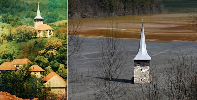 Levo cerkev v vasi Geamana leta 1978 tik pred začetkom polnjenja doline z vodo iz rudnika bakra, desno leta 2014.  | Foto: Reuters