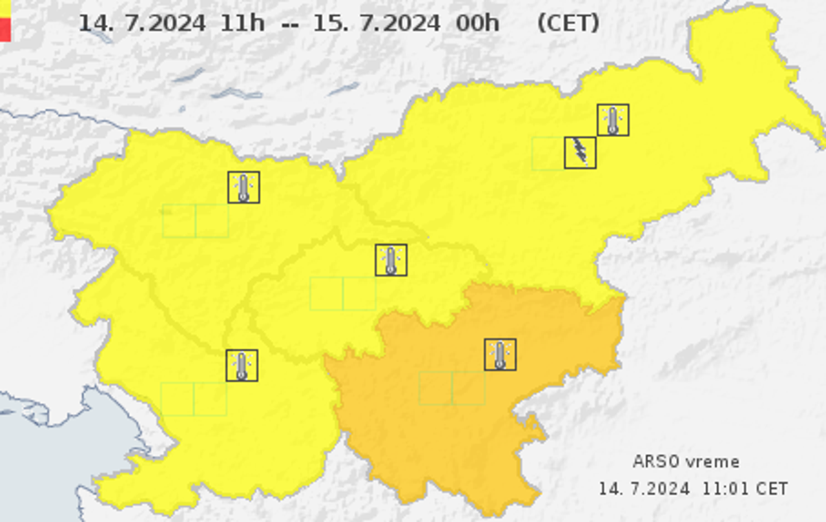 Arso | Za jugovzhod države velja oranžno opozorilo, za preostali del rumeno. | Foto Arso