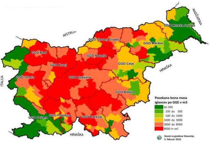 Posek iglavcev zaradi podlubnikov leta 2015 v kubičnih metrih (bolj rdeča številka pomeni večji posek). | Foto: Zavod za gozdove Slovenije