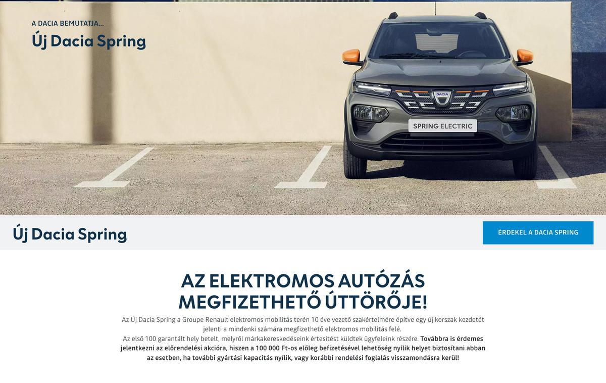 Dacia spring | To je naslovnica madžarskega uvoznika Dacie, kjer že poročajo o ceni električnega springa za prvih 100 naročnikov. | Foto Dacia