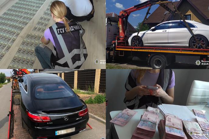 Cl0p | Izkupiček hišnih preiskav domnevnih članov kiberkriminalne združbe Cl0p: kupi gotovine in prestižni avtomobili.  | Foto Ukrajinska policija