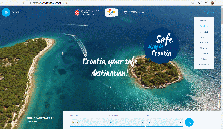 Spletna stran kampanje Safe Stay in Croatia je na voljo v devetih jezikih, a ne tudi v slovenščini - najverjetneje zaradi zmotne predpostavke, da vsi v Sloveniji obvladajo vsaj osnove hrvaščine, kar zlasti za mlade ni več samoumevno. | Foto: S. C. (zajem zaslona)