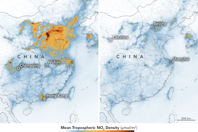 Nasa, Kitajska, onesnaženje, koronavirus | Letos se je na Kitajskem občutno znižala raven dušikovega dioksida. | Foto NASA