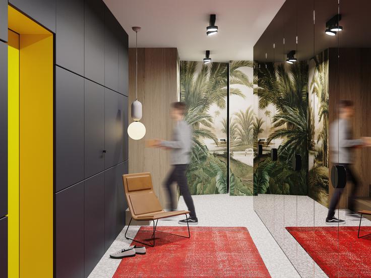 Renderji biroja Archimetrics kažejo končno sliko vhodne avle, ki jo zaokrožujejo še rdeča preproga in izbrani stol. | Foto: Arhimetrics