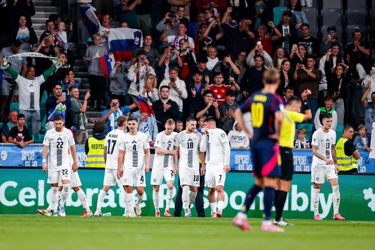 Tako so slovenski navijači proslavljali zadnji zadetek Slovenije v kvalifikacijah za SP 2026, ki ga je v zadnji minuti srečanja s Švedsko po podaji Benjamina Šeška dosegel Žan Vipotnik. | Foto: Aleš Fevžer