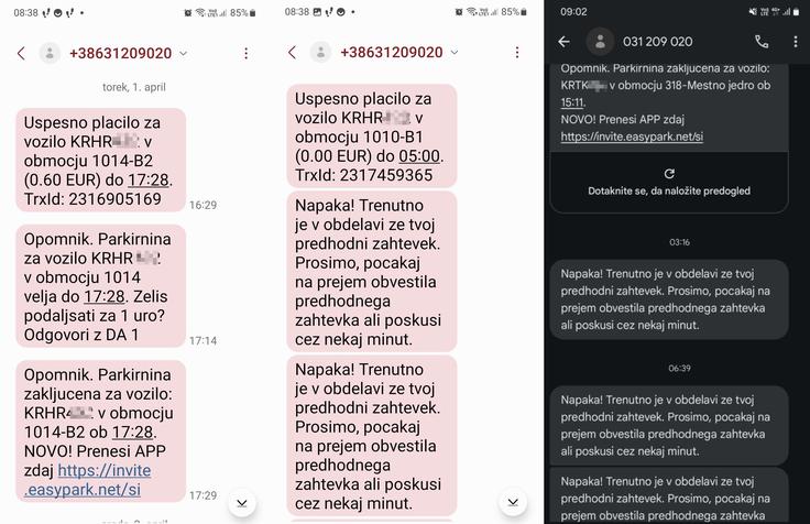 Nekateri uporabniki in uporabnice sistema za SMS-parkiranje EasyPark so ob potrdilih plačila parkirnine, ki ga niso zahtevali, prejemali tudi obvestila o napakah v obdelavi zahtevkov.  | Foto: Siol.net/bralka