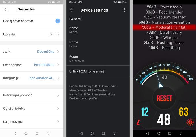 Leva tretjina: izbirnik osnovnih nastavitev aplikacije Ikea Home Smart. Srednja tretjina: povezovanje aplikacije Ikea Home Smart z Googlovim pomočnikom (Google Assistant). Desna tretjina: tudi pri najvišji hitrosti delovanja kazalec ni prestopil 50 decibelov (prikazana najvišja vrednost 63 decibelov izvira iz drugih, nepovezanih meritev). | Foto: Srdjan Cvjetović