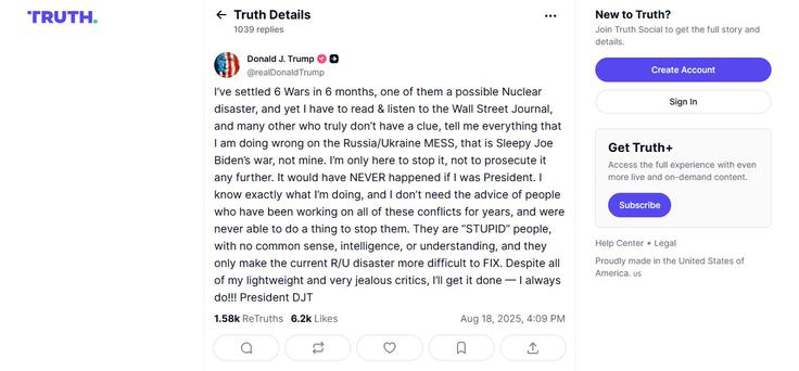 Donald Trump na Truth social | Foto: Truth Social