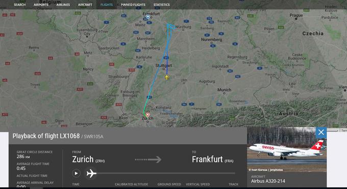 Zaradi drona so današnji jutranji polet družbe Swiss iz Züricha v Frankfurt (LX 1068) morali preusmeriti nazaj v Zürich.  | Foto: Flightradar24.com