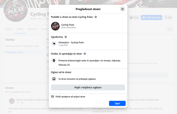 Stran Cycling Pulse na družbenem omrežju Facebook upravljajo osebe iz Vietnama.  | Foto: Posnetek zaslona