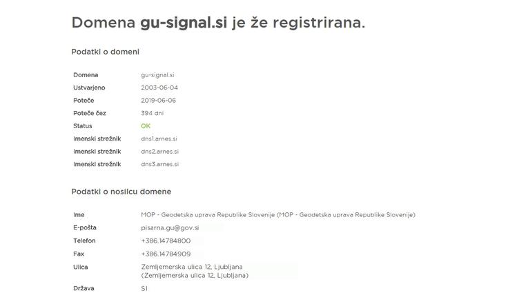 Kot je razvidno na spletni strani register.si, ki ponuja vpogled v javne informacije o spletnih domenah, je nosilec gu-signal.si Geodetska uprava Republike Slovenije, ki deluje v okviru MOP, ministrstva za okolje in prostor.  | Foto: zajem zaslona/Diamond villas resort