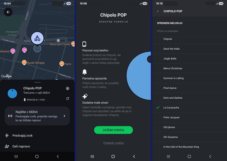 Levo: položaj sledilnika Chipolo POP se na pametnih telefonih z operacijskim sistemom Android prikaže v Googlovi aplikaciji Poišči mojo napravo. Sredina in desno: nekateri zasloni aplikacije Chipolo, ki omogoča dodatne funkcionalnosti in nastavitve sledilnika Chipolo POP


 | Foto: Srdjan Cvjetović