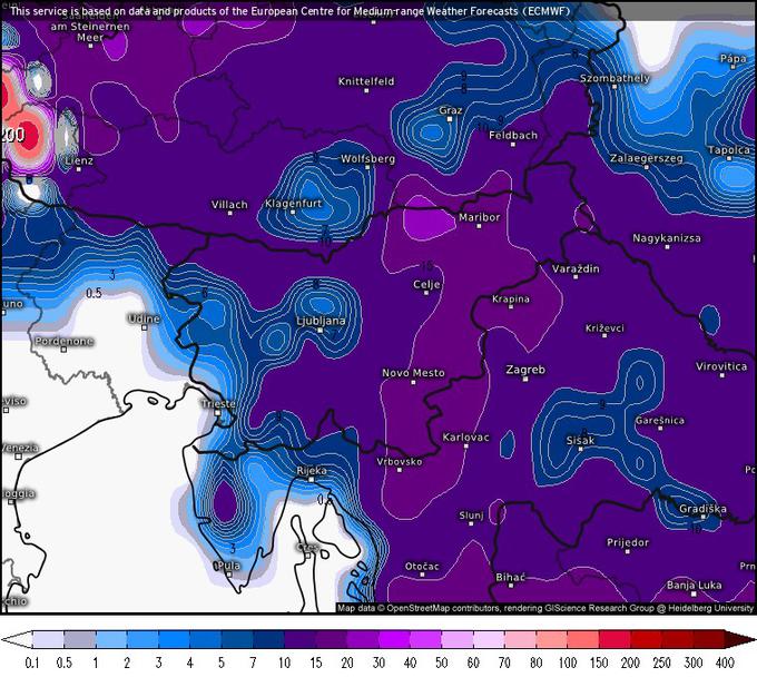 Karta prikazuje, koliko snega za četrtek zjutraj napoveduje meteorološki model ECMWF po najbolj optimističnem scenariju za snegoljube. | Foto: meteologix