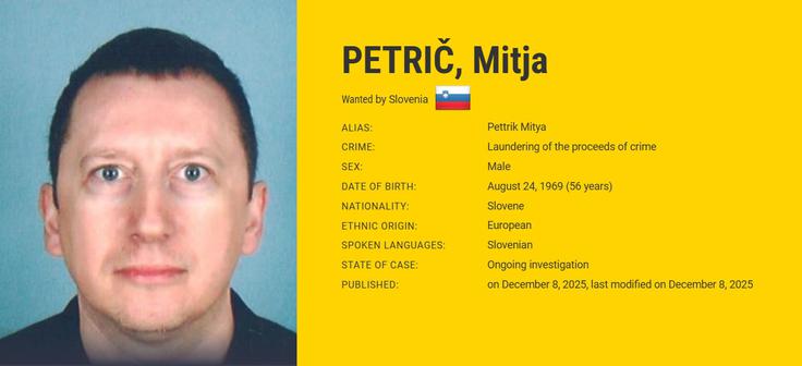 Mitja Petrič, Europol, iskana oseba | Foto: Europol