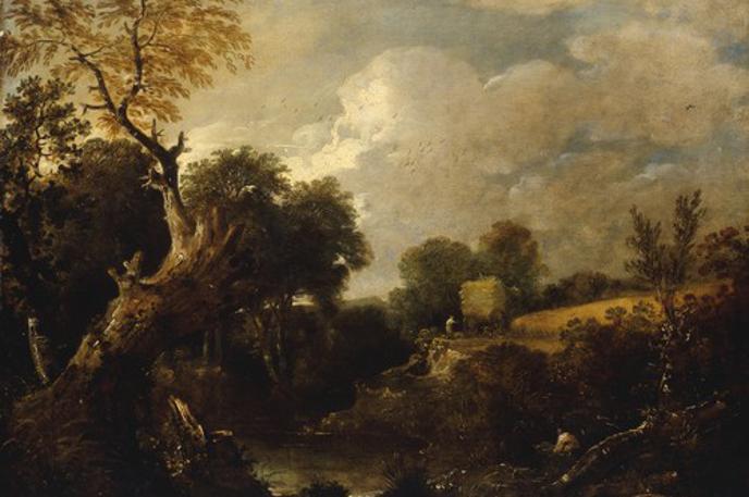 oljna skica, John Constable, The harvest field | Oljna skica je ena od dveh, na katerih je umetnik upodobil isti prizor; na drugi je figura spodaj desno naslikana v rdečem plašču, razlikuje se tudi število ptic na nebu. | Foto Profimedia