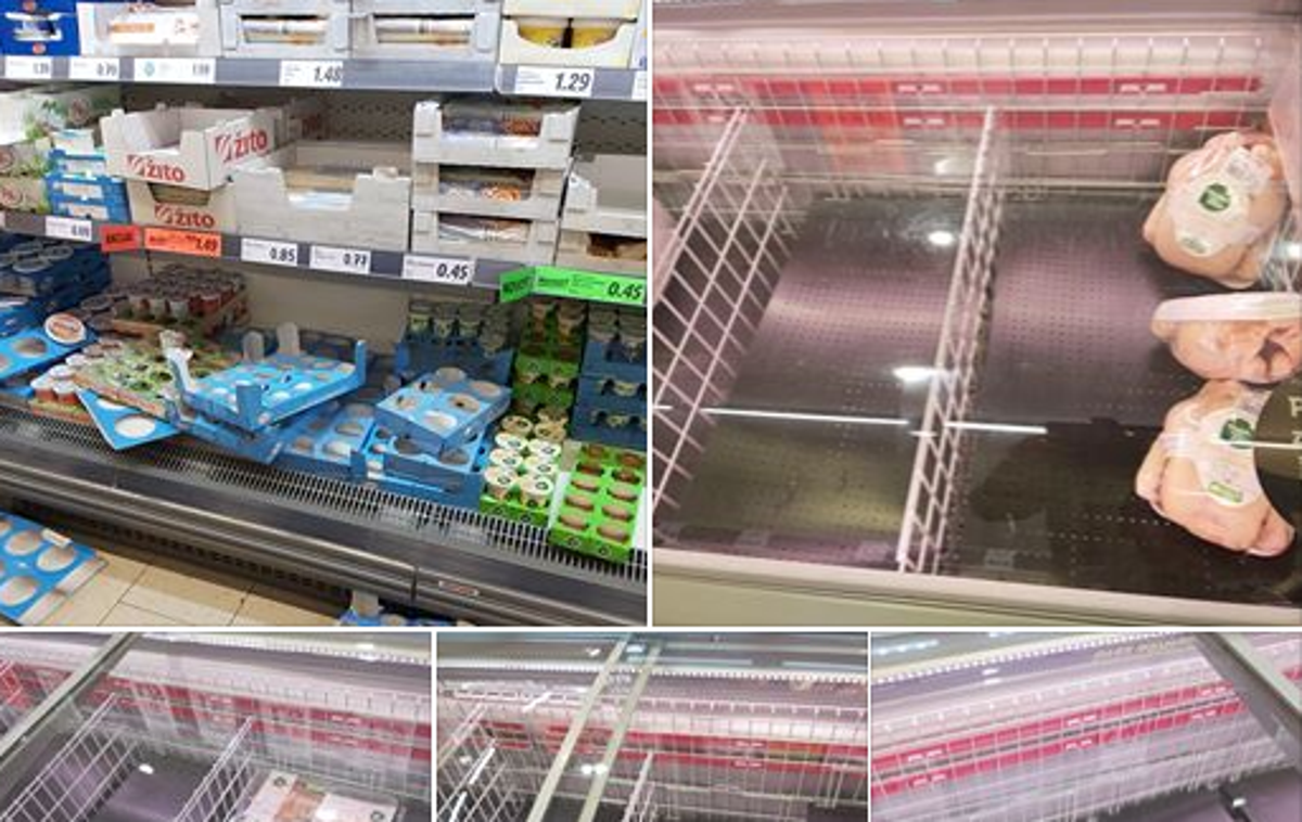 trgovine izropane | V zadnjih dneh v slovenskih supermarketih takšni prizori niso redkost. | Foto Posnetek zaslona