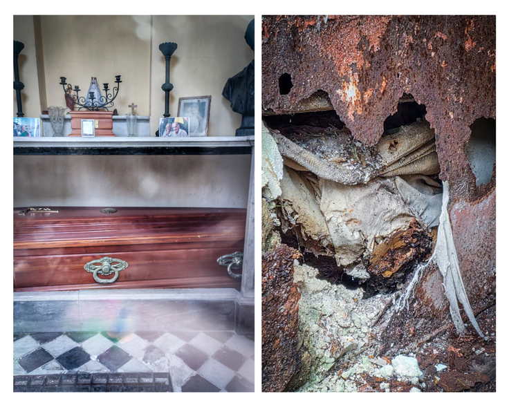 Primer grobnice, ki že leta razpada (desno), in grobnice, v katero so nedavno položili krsto s pokojnikom (levo). Pri zadnji je mogoče razbrati, da gre za nekdanjega črnogorskega veleposlanika.  | Foto: Tadej Zupančič, K.M.