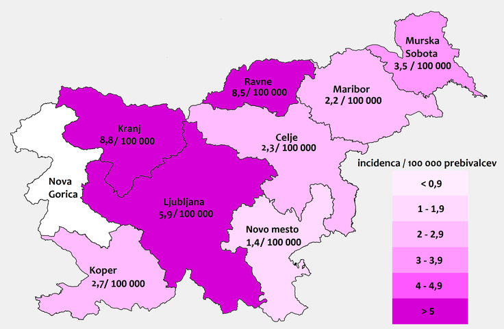 Incidenčne stopnje prijavljenih primerov klopnega meningoencefalitisa po zdravstvenih regijah v Sloveniji v obdobju od 1. 1. 2019 do 31. 12. 2019 | Foto: NIJZ