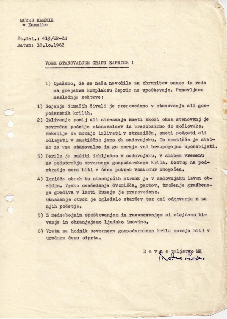 Hišni red iz leta 1962, ko je bilo treba urediti sobivanje stanovalcev v gradu in nastajanje muzeja. | Foto: 