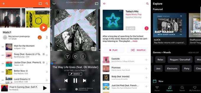 Od leve proti desni: Google Play Music, Deezer, Apple Music in Tidal.  | Foto: Matic Tomšič