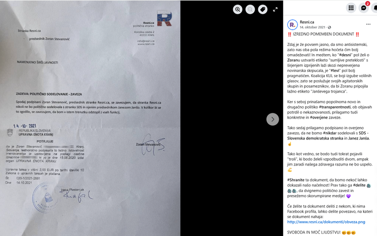 Stevanovićeva overjena izjava o nesodelovanju s stranko SDS in Janezom Janšo.  | Foto: Posnetek  zaslona