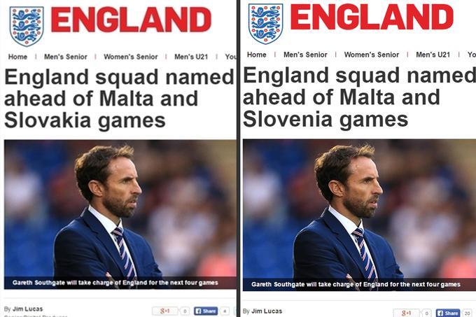 Spodrsljaj angleške nogometne zveze pri objavi reprezentance na uradni strani. | Foto: 