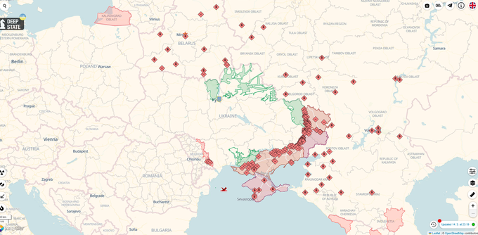 Zemljevid Deep State Map temelji na odprtokodnem projektu zemljevida sveta OpenStreetMap, na katerem lahko vsak ustvarja svoje zemljevide.  | Foto: DeepStateMap / OpenStreetMap / Posnetek zaslona