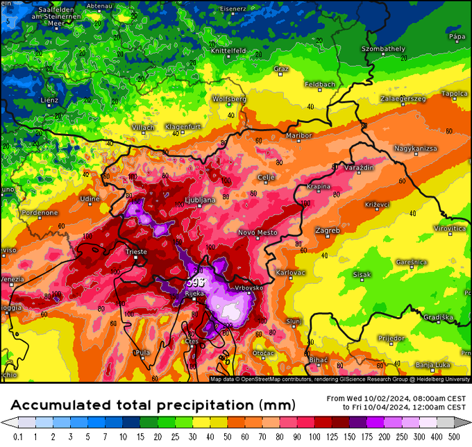 Skupna količina padavin do četrtka do 24. ure | Foto: meteologix