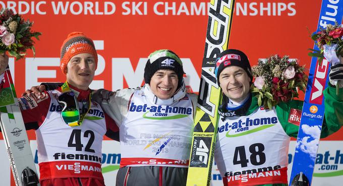 Junaki večje skakalnice. Peter Prevc (2. mesto), Kamil Stoch (1. mesto) in Anders Jacobsen (3. mesto).  | Foto: Sportida