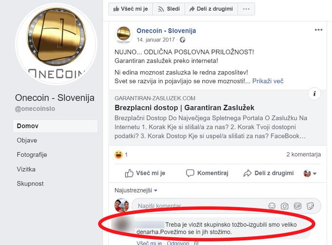 Ta komentar je bil na profilu nekdanjega slovenskega promotorja Onecoina objavljen pred samo šestimi tedni.  | Foto: Matic Tomšič / Posnetek zaslona