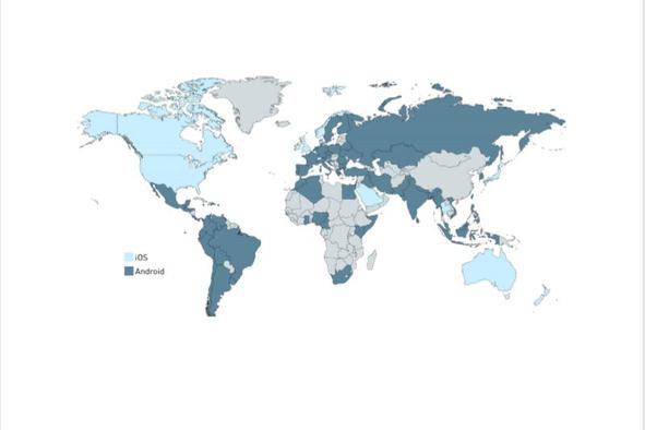 Evropa in Južna Amerika androidni, Severna Amerika in Avstralija jabolčni