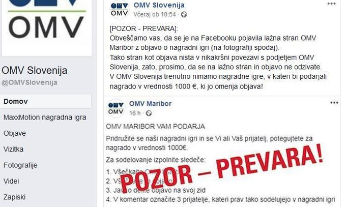 Uradni profil OMV Slovenija je lani opozoril, da je stran OMV Maribor, ki danes poskuša goljufati na drugačen način, lažna in da naj uporabniki nikar ne nasedejo njeni nagradni igri. | Foto: Matic Tomšič / Posnetek zaslona