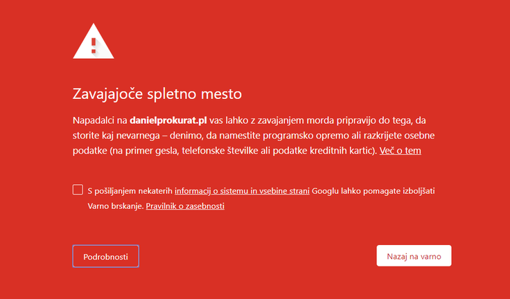 Takole uporabnika opozori spletni brskalnik Google Chrome, na podobni obvestili pa naletimo tudi v brskalnikih Edge in Firefox. | Foto: Matic Tomšič / Posnetek zaslona
