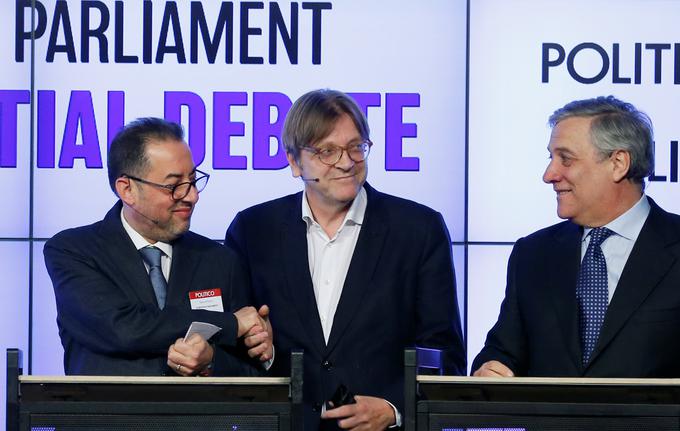 Na današnjih volitvah je bil Tajanijev najnevarnejši tekmec rojak Gianni Pittella, kandidat socialistov (levo). A potem ko se je kandidat liberalcev Guy Verhofstad (na sredini) umaknil v korist Tajanija, se je temu na stežaj odprla pot k zmagi.  | Foto: Reuters
