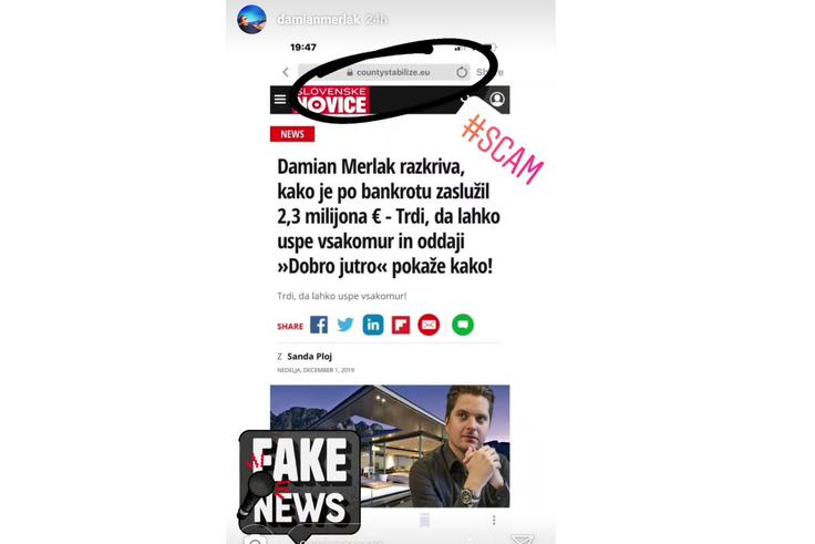 Opozorilo Damiana Merlaka na družbenem omrežju Instagram, da so njegovo fotografijo zlorabili za promocijo goljufije.  | Foto: Nepridiprav/Instagram