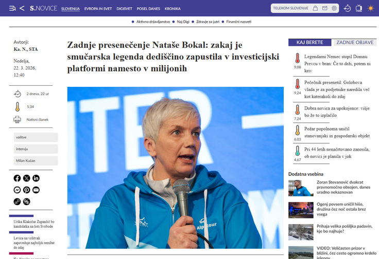 Lažen članek z grafično podobo Siol.net in izmišljeno zgodbo o premoženju Nataše Bokal, ki poskuša potencialne žrtve privabiti k vlaganju na investicijski platformi, ki je ne pozna tako rekoč nihče.  | Foto: Posnetek zaslona